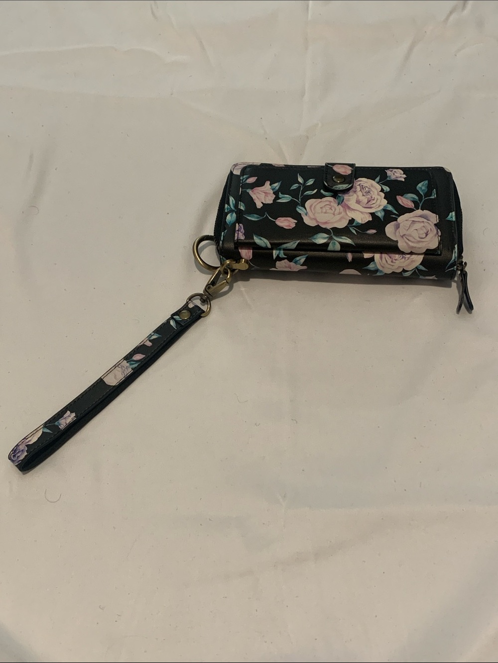 Floral Wristlet Wallet - Black with Pink & Purple Rose Print